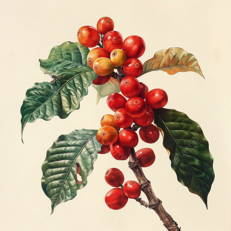 Ramo de café com cerejas vermelhas maduras e folhas verdes vibrantes