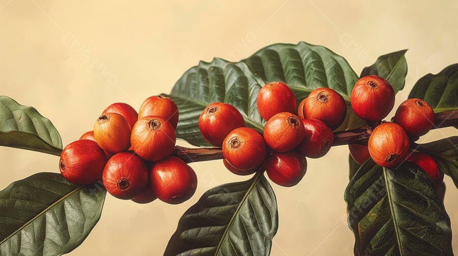 Frutos de café maduros em um galho com folhas verdes vibrantes