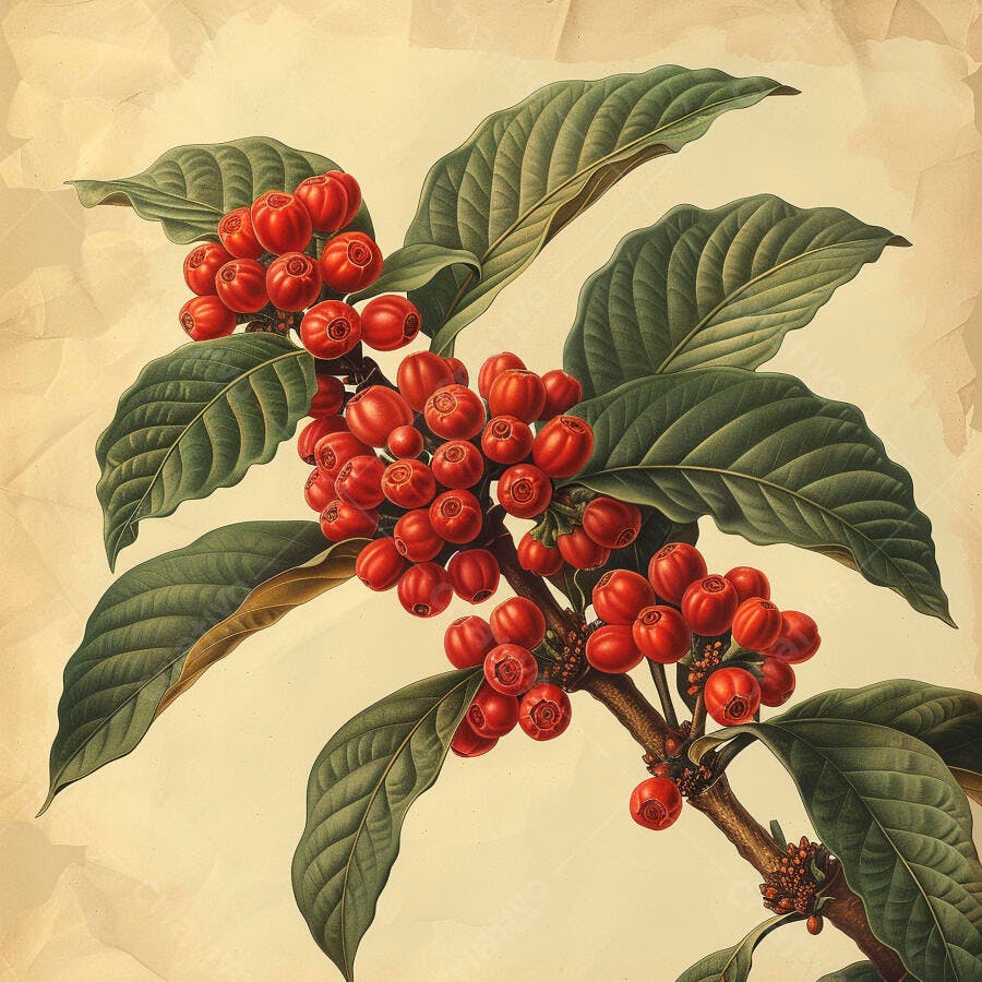 Cerejas de café maduras em galho com folhas verdes ilustração botânica vintage