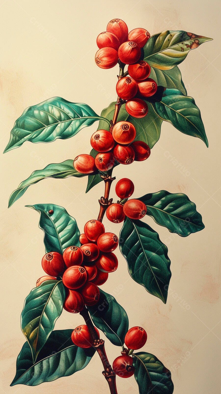 Grãos de café vermelhos em galho com folhas verdes ilustração botânica vintage