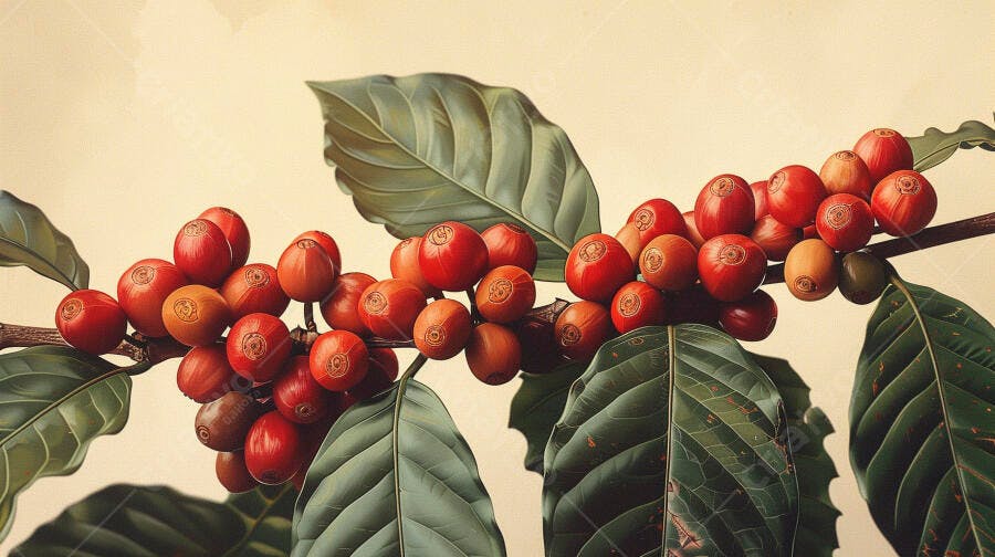 Grãos de café vermelhos e verdes maduros em galho vibrante
