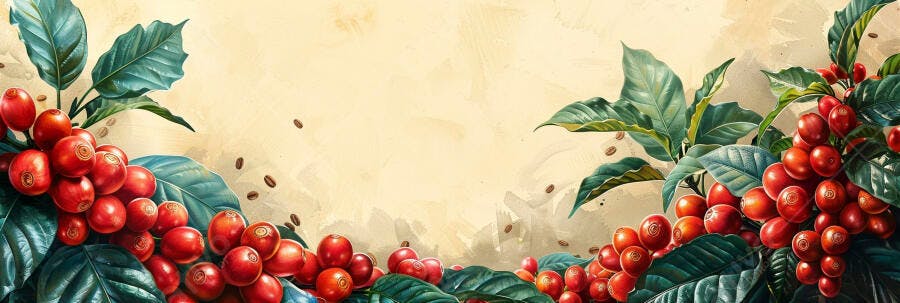 Frutos de café vermelhos e folhas vibrantes de cafeeiro com grãos espalhados