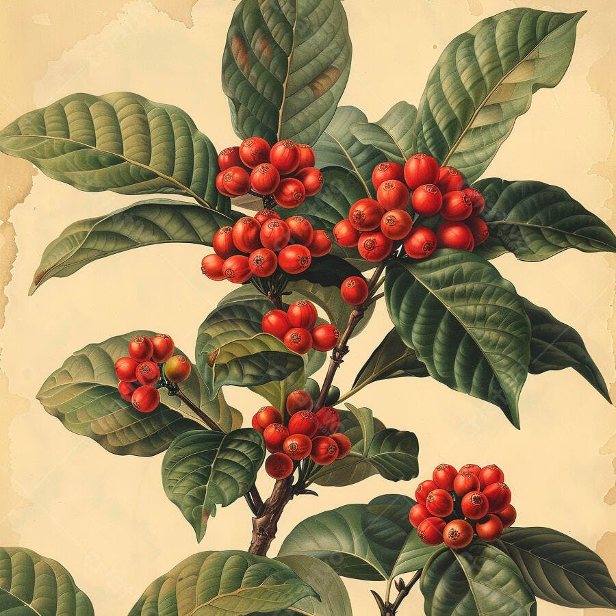 Planta de café com frutos vermelhos e folhas verdes ilustração botânica vintage
