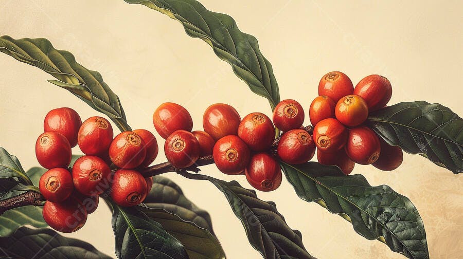 Frutos de café vermelhos maduros em galho com folhas verdes
