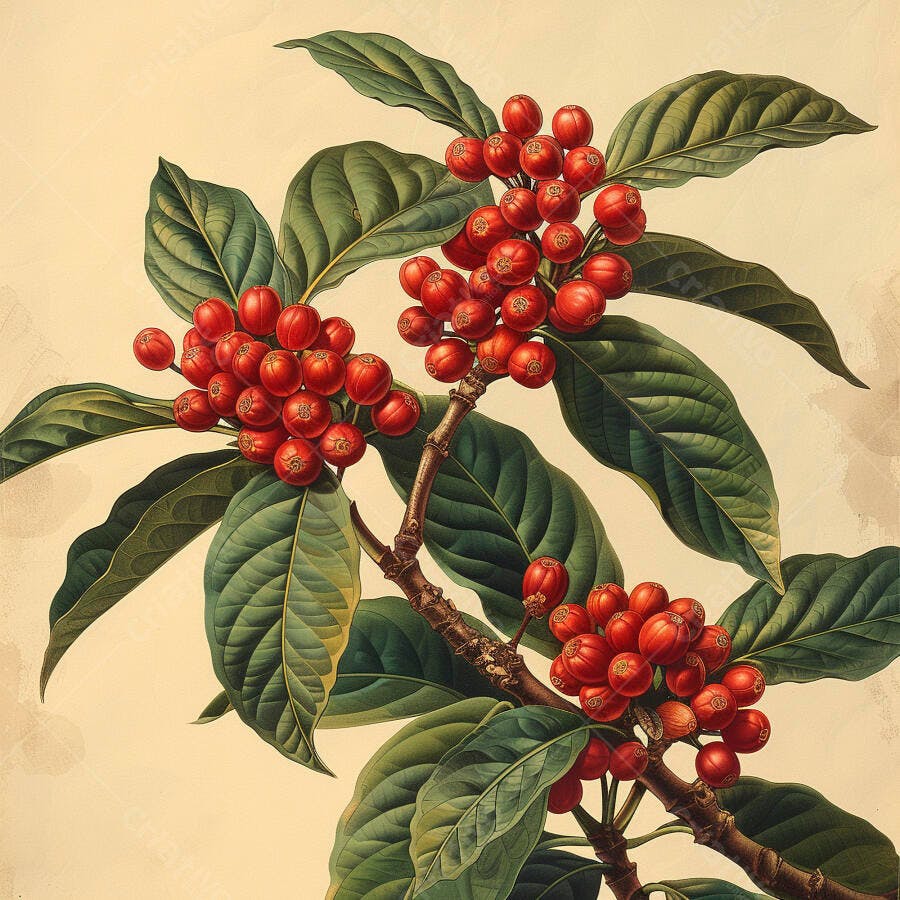 Ilustração botânica de ramo com frutos vermelhos e folhas verdes estilo vintage