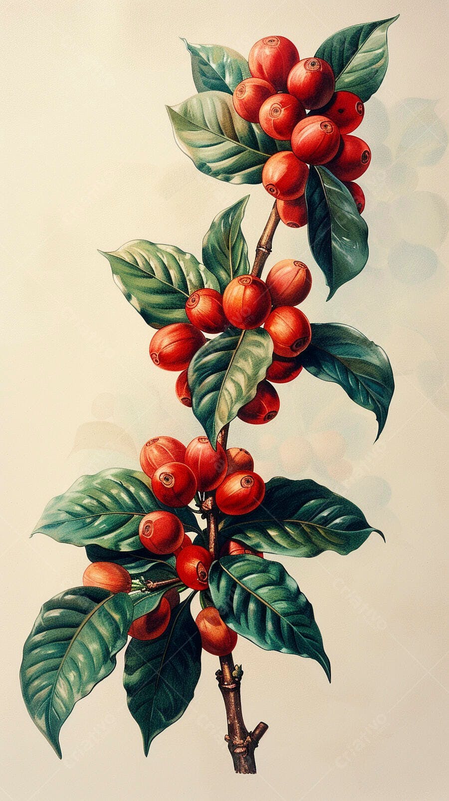 Galho de café com frutos vermelhos maduros e folhas verdes ilustração botânica