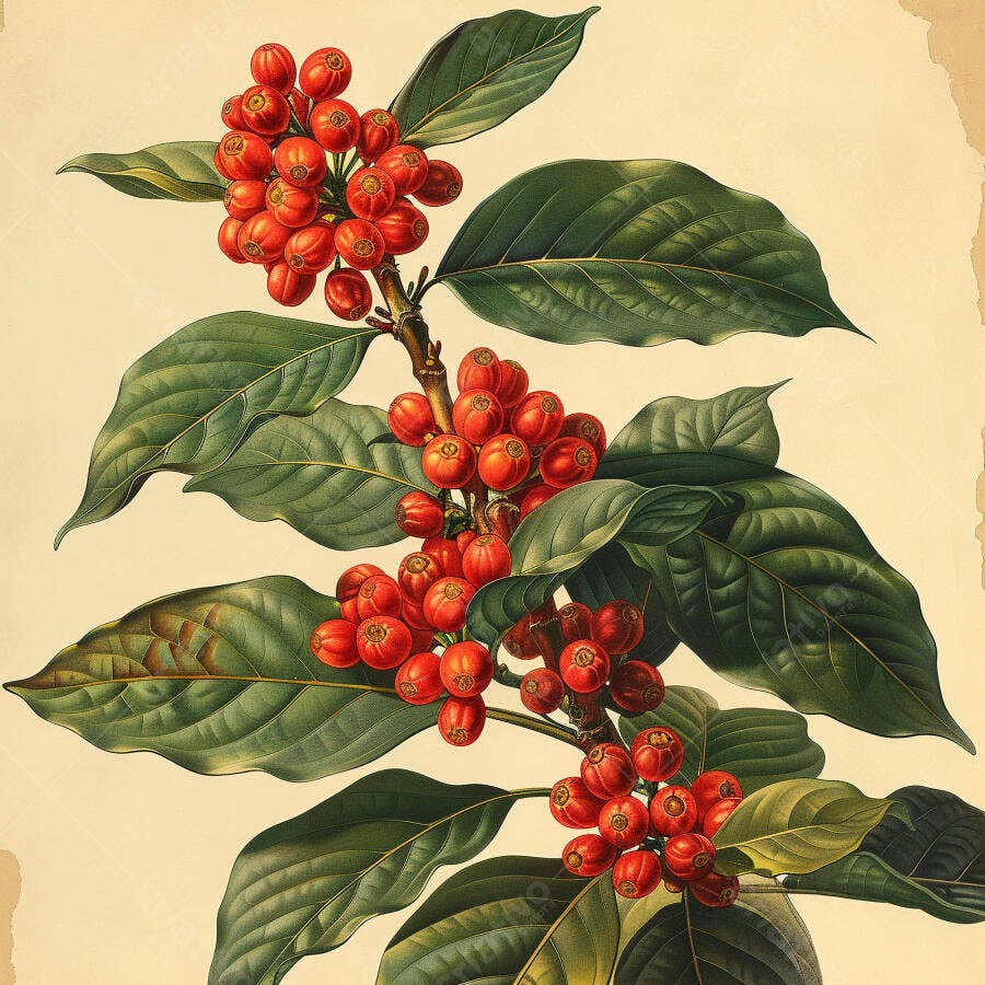 Ramo de cafeeiro com bagas vermelhas maduras e folhas verdes ilustração botânica