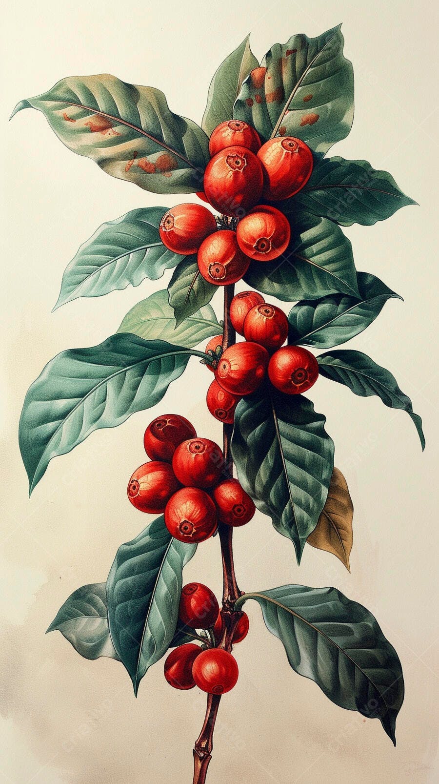 Planta de café com bagas vermelhas e folhas verdes escuras ilustração botânica vintage