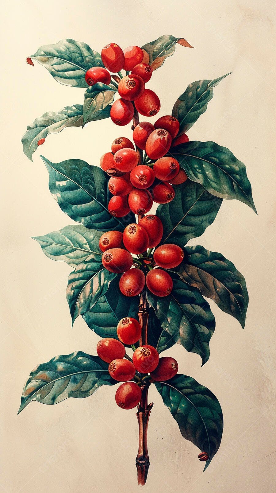 Caféeiro com grãos de café maduros e folhas verdes ilustração botânica
