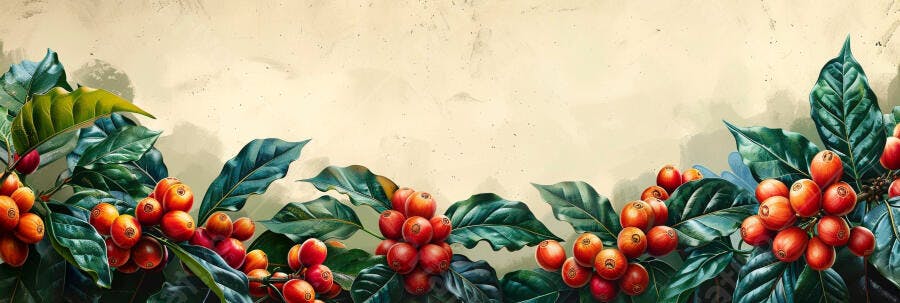 Grãos de café vermelhos e folhas verdes em fundo claro vintage ilustração