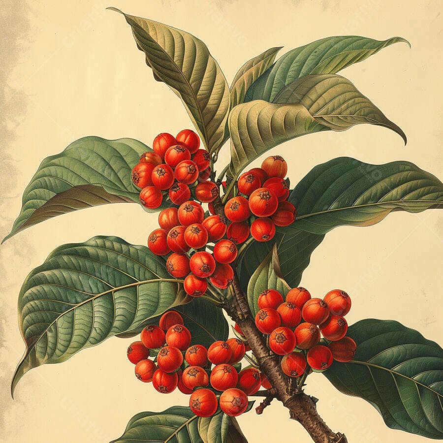 Frutas vermelhas em ramo com folhas verdes ilustração botânica vintage