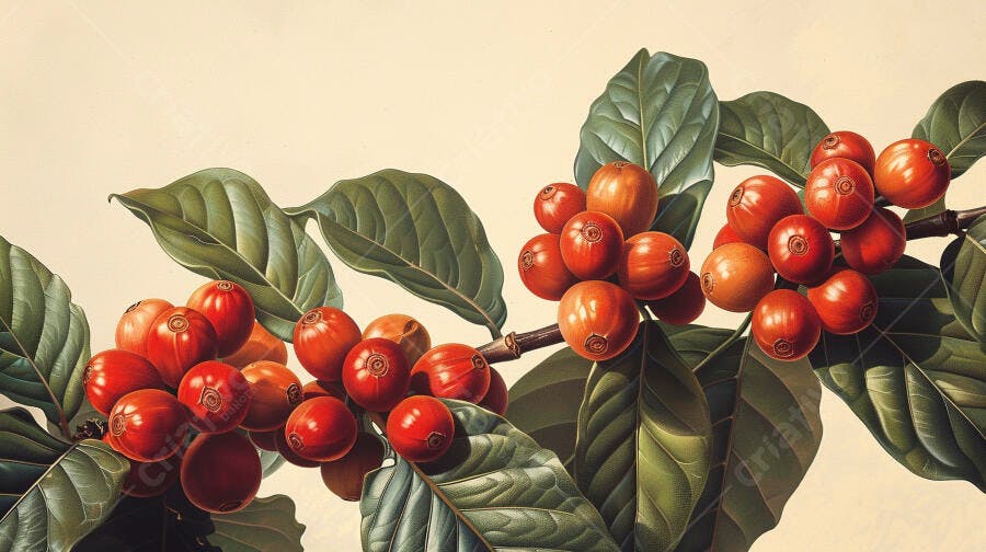 Planta de café com cerejas maduras em ramos e folhas verdes exuberantes ilustração