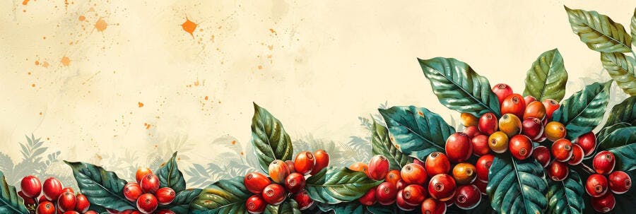Cerejas de café maduras com folhas verdes ilustração aquarela vibrante