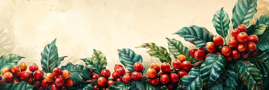 Ramos de café com frutos vermelhos e folhas verdes em aquarela