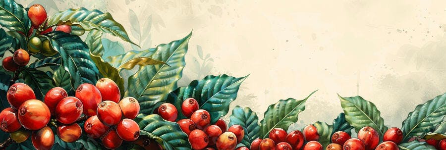 Café grãos vermelhos e folhas verdes em aquarela vibrante