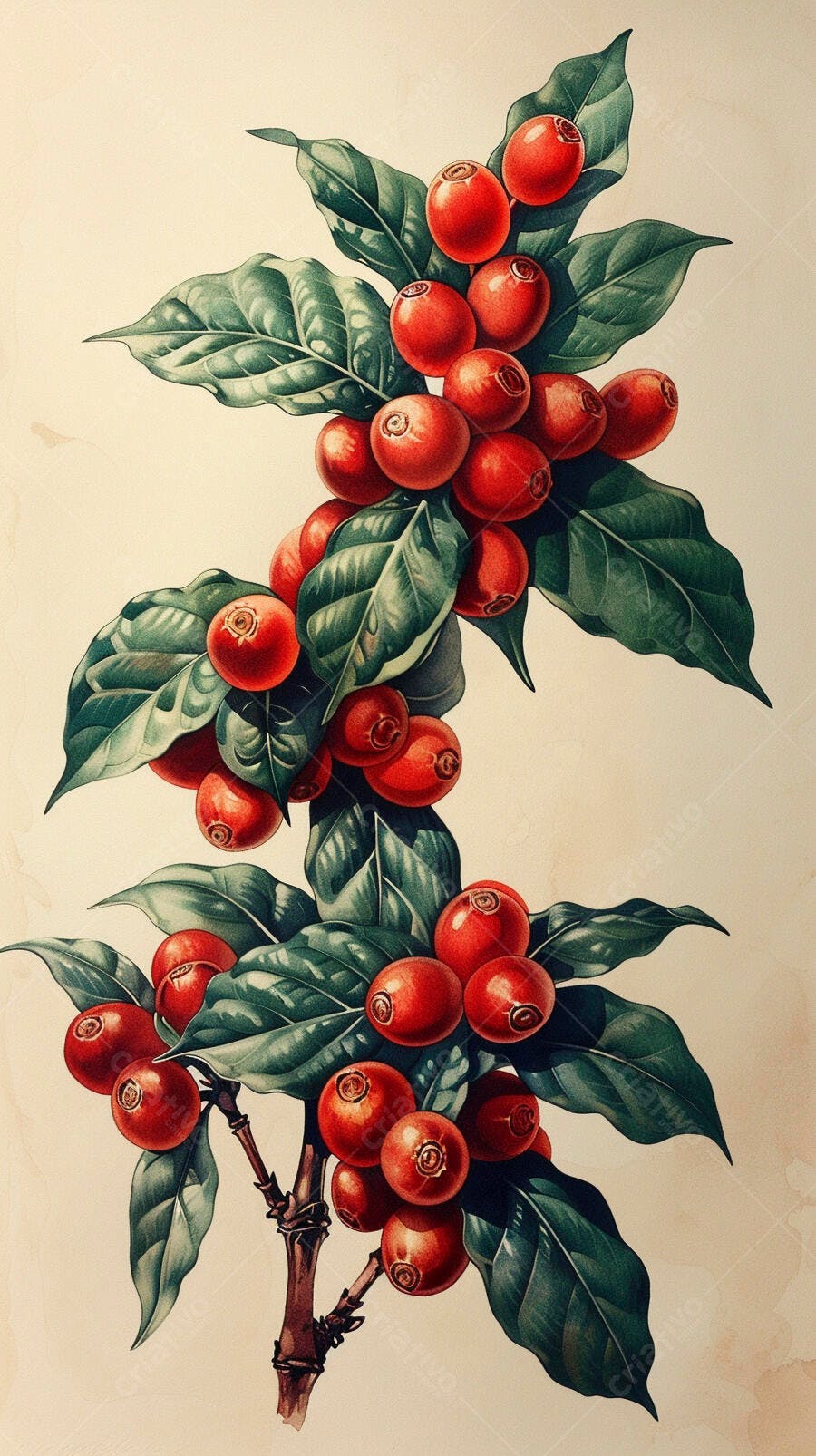 Café cereja madura em ramo de planta verde ilustração botânica vintage