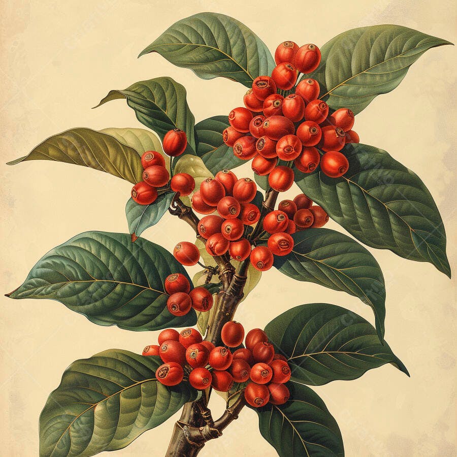 Ilustração botânica de frutos vermelhos em galho com folhas verdes estilo vintage