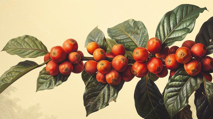 Ramo de café com grãos maduros vermelhos e folhas verdes ilustração botânica