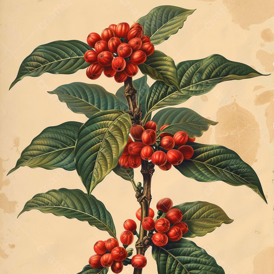 Planta de café com frutos vermelhos e folhas verdes ilustração botânica vintage