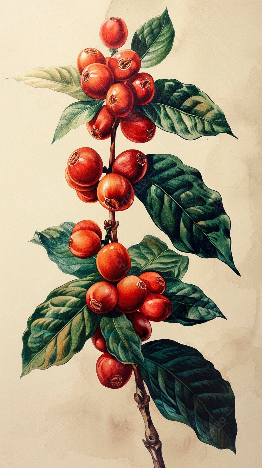 Planta de café com cerejas vermelhas e folhas verdes em estilo botânico