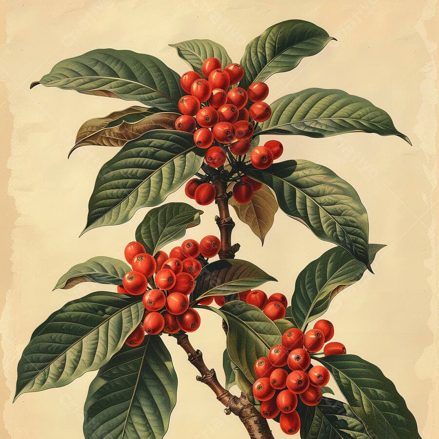 Ilustração botânica de planta com bagas vermelhas e folhas verdes estilo vintage