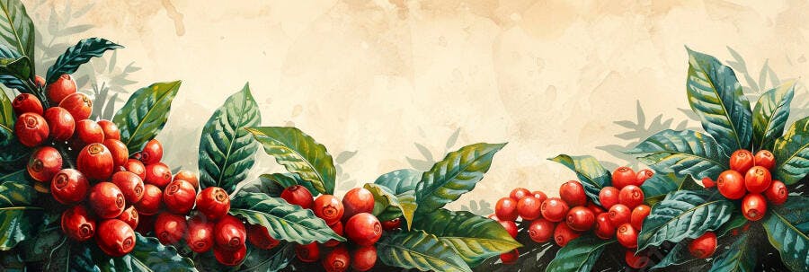 Frutos vermelhos de café com folhas verdes em fundo aquarela