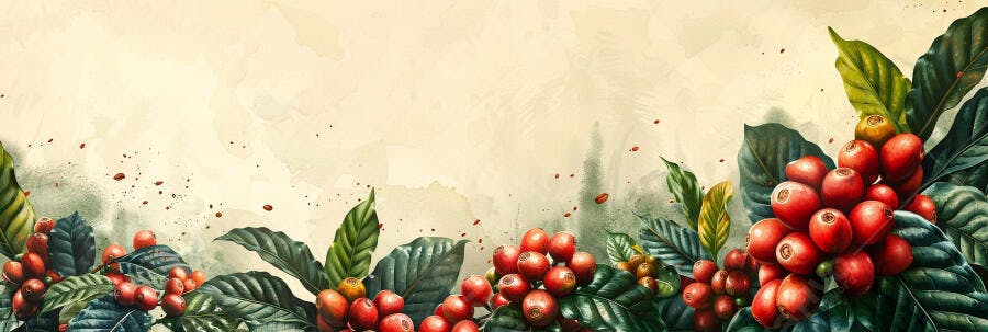 Grãos de café vermelhos maduros em planta com folhas verdes e fundo aquarela