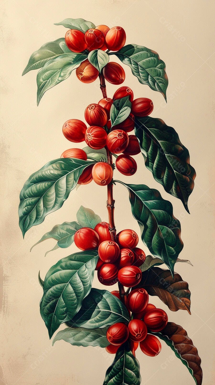 Grãos de café vermelhos maduros em galho com folhas verdes ilustração botânica