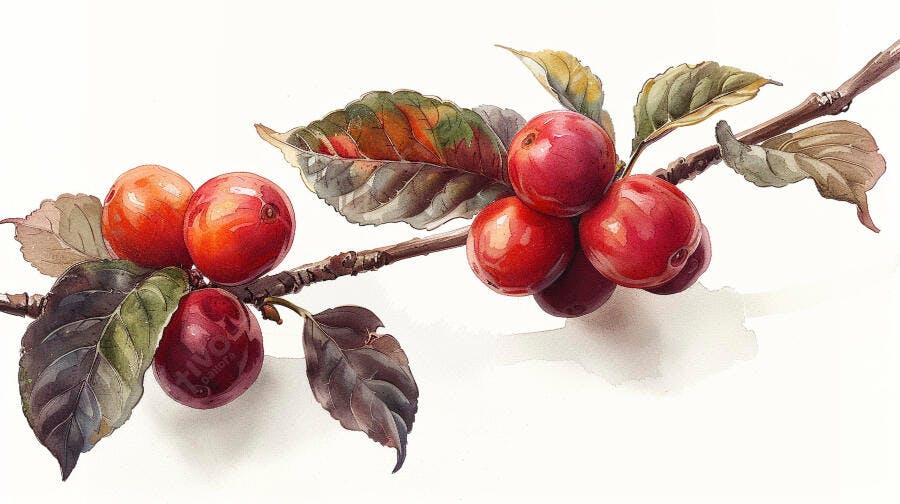 Cerejas vermelhas vibrantes em galho com folhas outonais aquarela