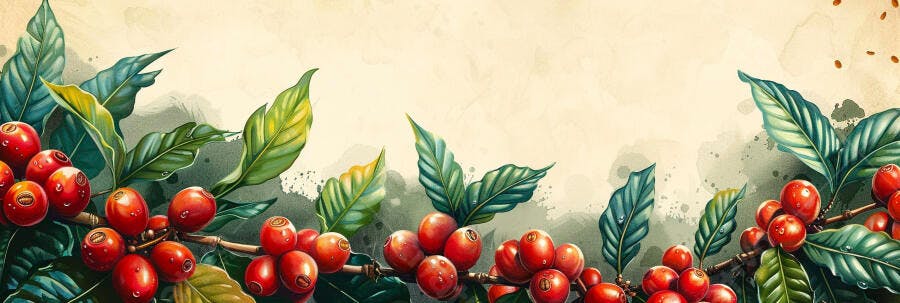 Grãos de café vermelhos maduros em ramo verde estilo aguarela