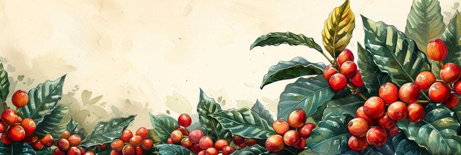 Café grãos vermelhos e folhas verdes em aquarela vibrante