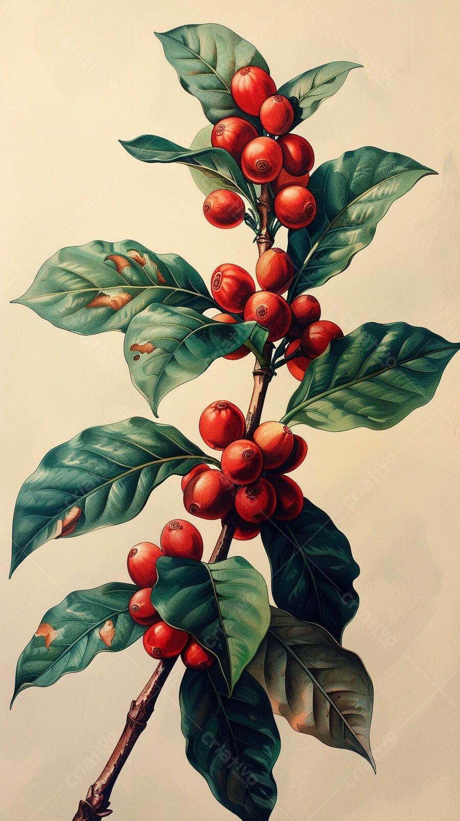 Ramo de café com grãos vermelhos maduros e folhas verdes ilustração botânica vintage