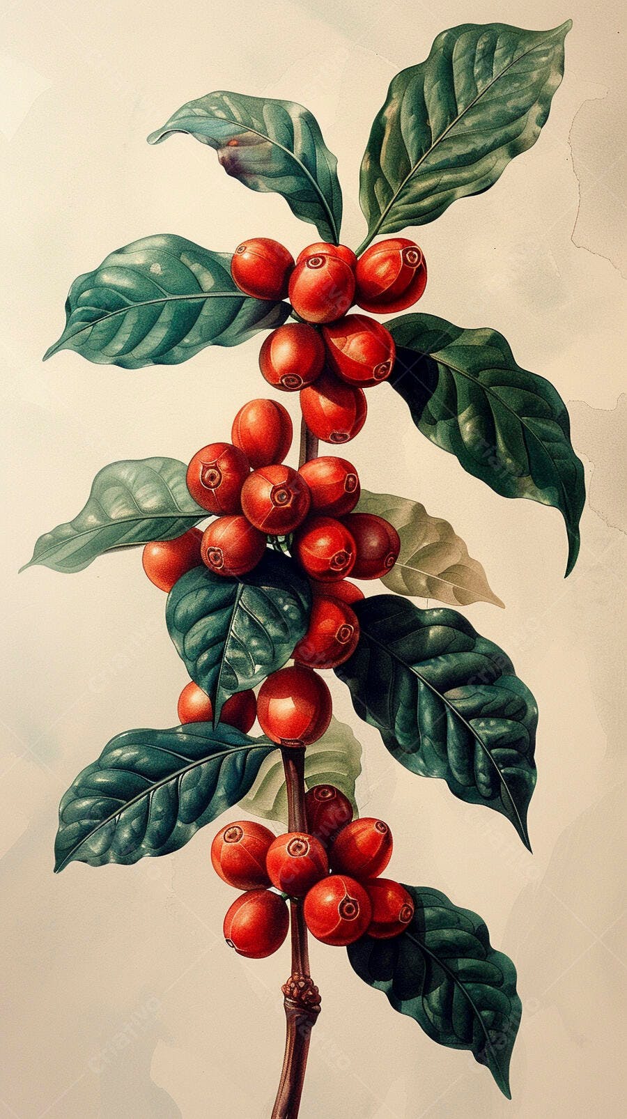 Ramo de planta de café com cerejas vermelhas e folhas verdes ilustração botânica