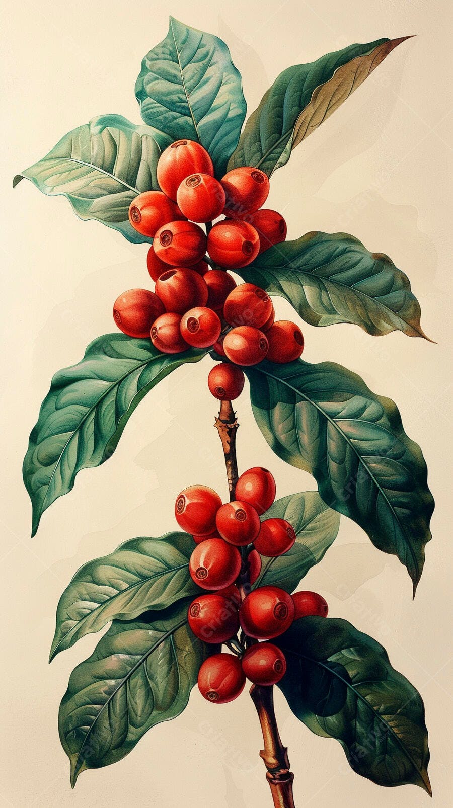 Ramo de cafeeiro com frutos vermelhos maduros e folhas verdes