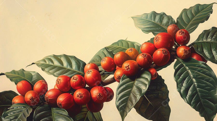 Ramo de cafeeiro com frutos vermelhos maduros e folhas verdes ilustração botânica