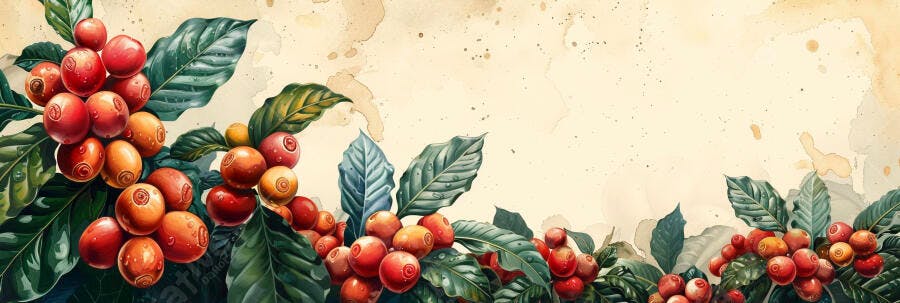 Cerejas de café vermelhas e folhas verdes em fundo aquarela vintage