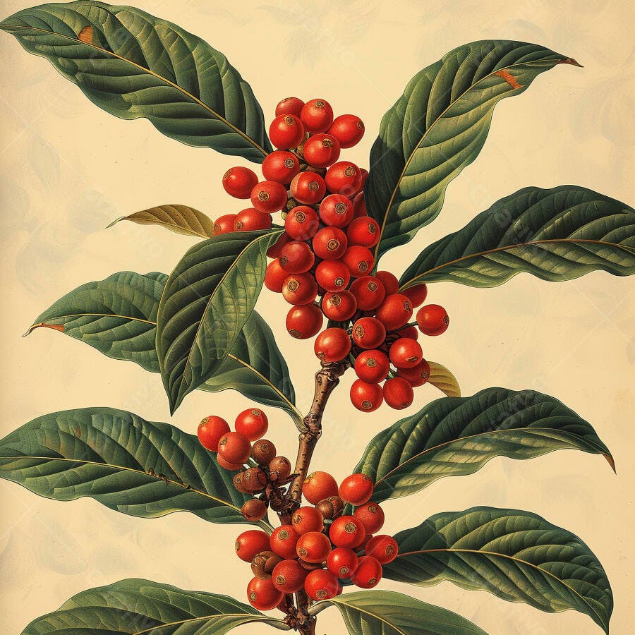 Ramo de café com frutos vermelhos maduros e folhas verdes ilustração botânica