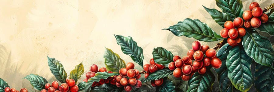 Cafezeiro ramo com frutos vermelhos e folhas vibrantes sobre fundo creme