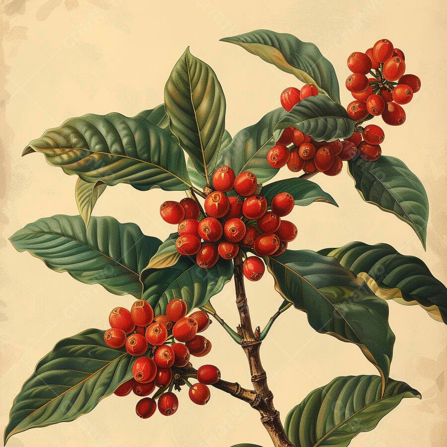 Ramo de cafezeiro com frutos maduros vermelhos e folhas verdes ilustração botânica