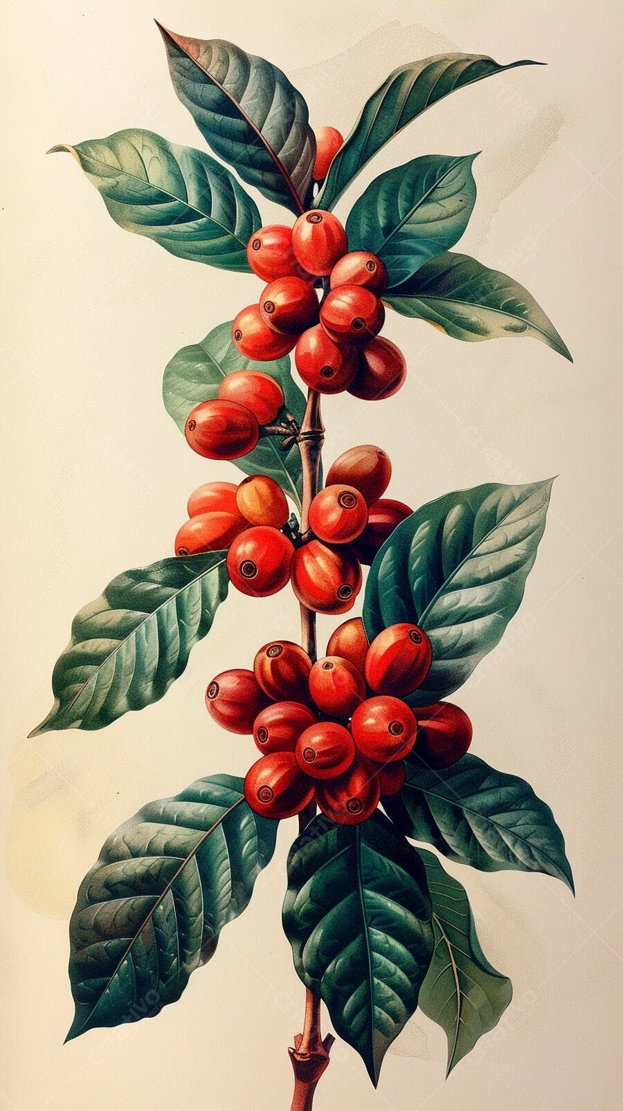 Café cerejas vermelhas e folhas verdes em ilustração botânica detalhada