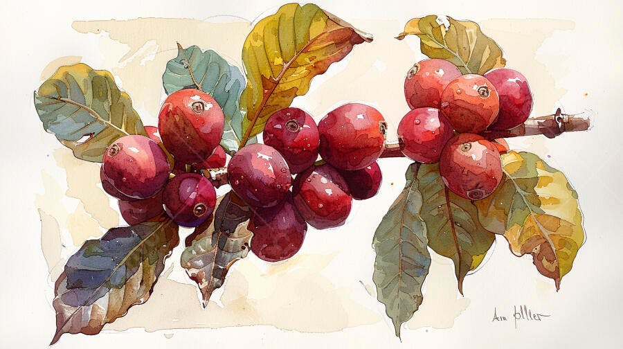 Cerejas de café vermelhas em galho com folhas verdes pintura aquarela