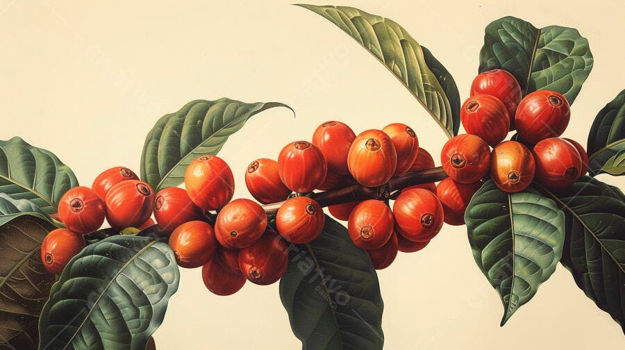 Cerejas de café vermelhas em ramo com folhas verdes ilustração botânica