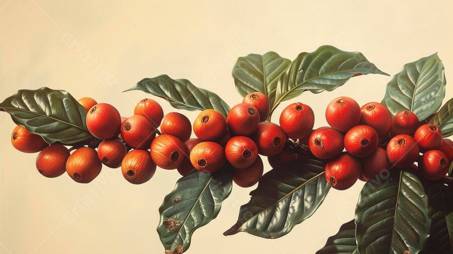 Grãos de café maduros vermelhos em ramo com folhas verdes vibrantes
