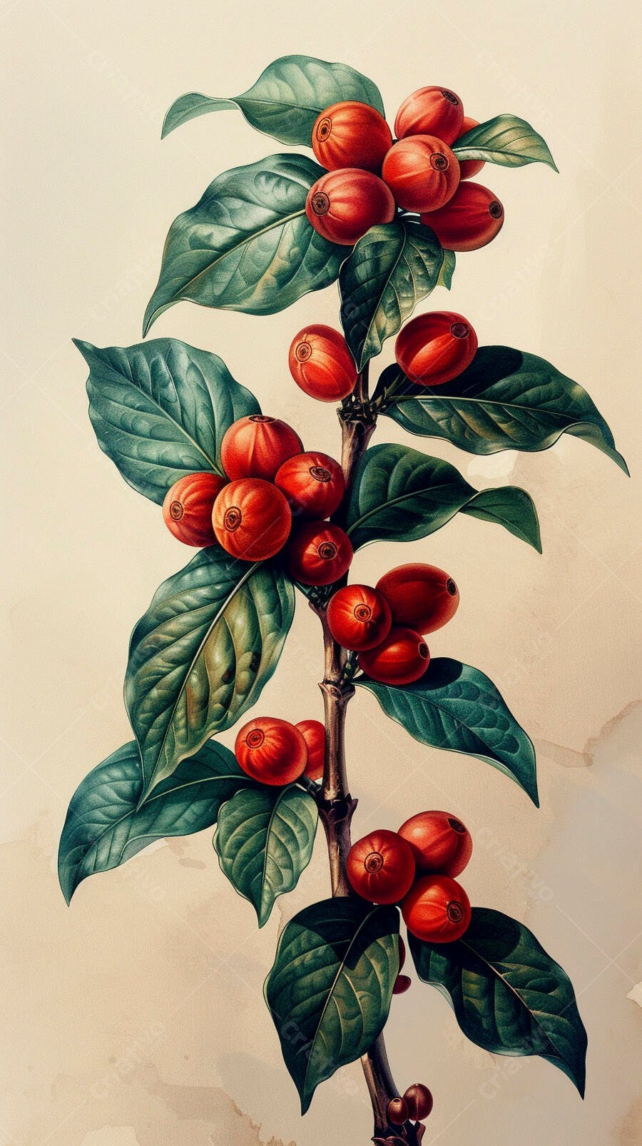 Ramo de café com frutos vermelhos e folhas verdes ilustração botânica