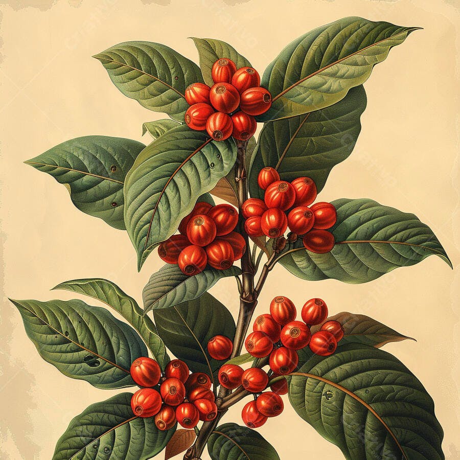 Planta de café com bagas vermelhas vibrantes e folhas verdes exuberantes ilustração botânica
