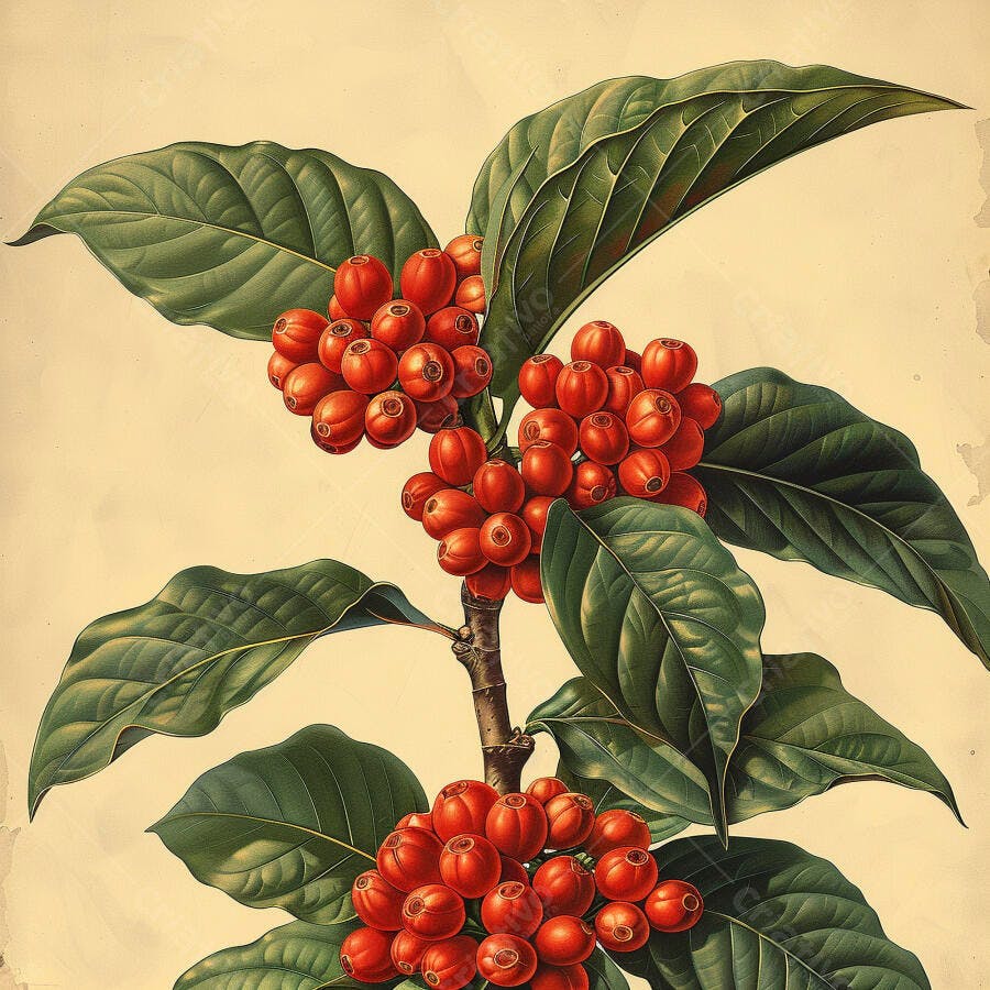 Ramos de café com folhas verdes e frutos vermelhos ilustração botânica