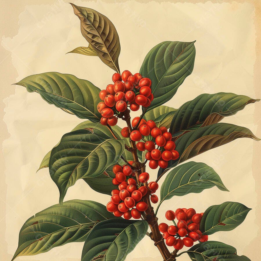Planta de café com frutos vermelhos maduros em ilustração botânica