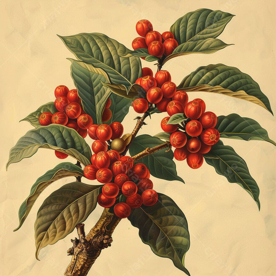 Cafezeiro com frutos maduros ilustração botânica vintage