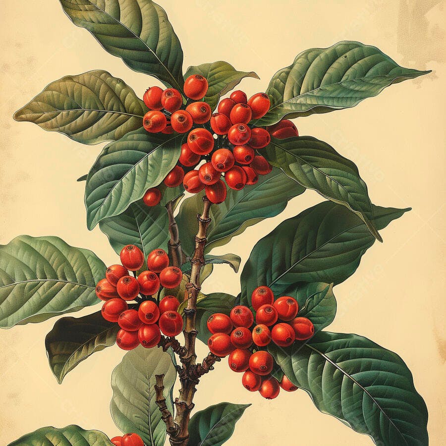 Cafeto com frutos vermelhos e folhas verdes ilustração botânica antiga