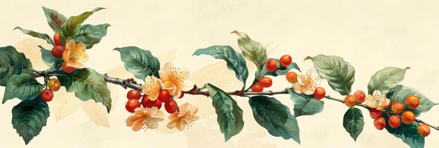 Ilustração botânica de ramo de cafeeiro flores e frutos vermelhos